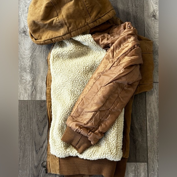 GH Bass & Co Jacket Mens LRG Sherpa Lined Brown Duck Canvas Hooded Coat Workwear - Picture 14 of 15